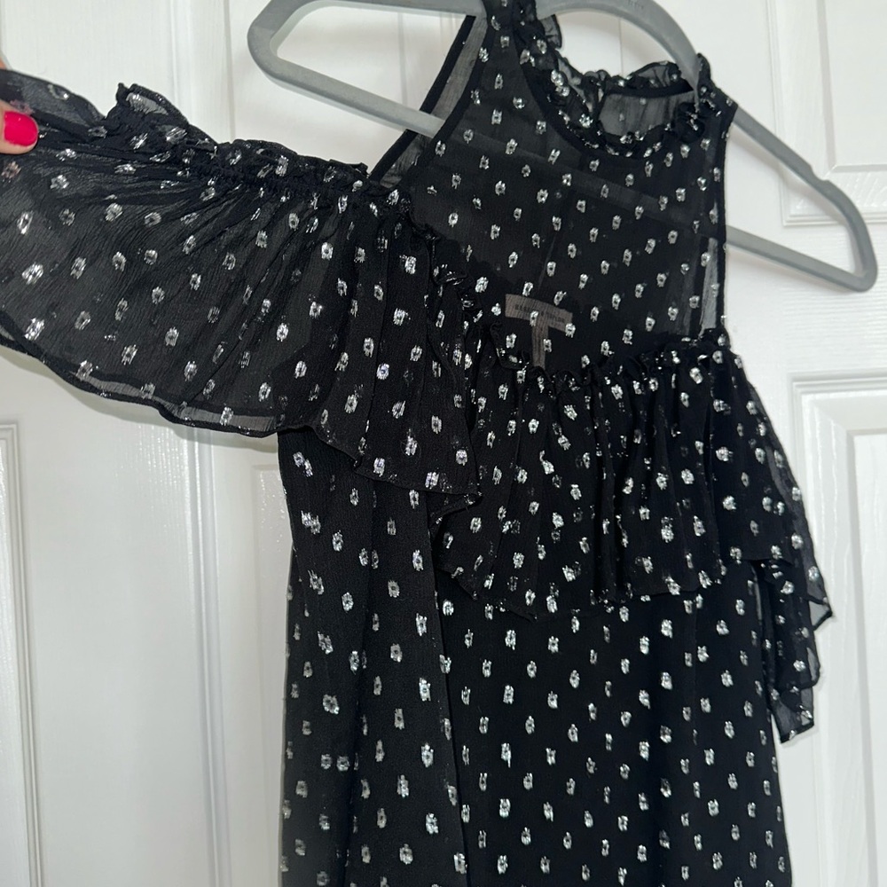 Rebecca Taylor Black Silk Off the Shoulder Top with Silver Threading